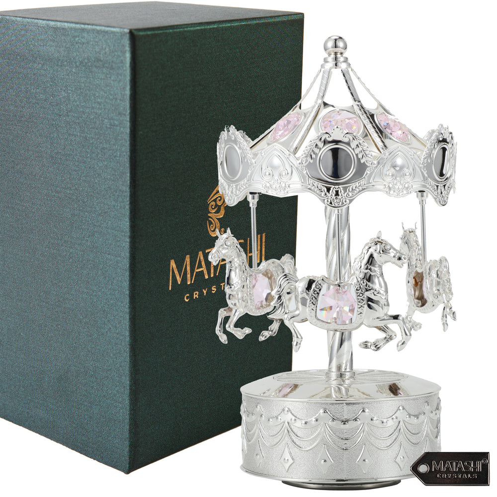 Matashi Silver Plated Music Box with Crystal Studded Silver Carousel with Horses Figurine Image 2