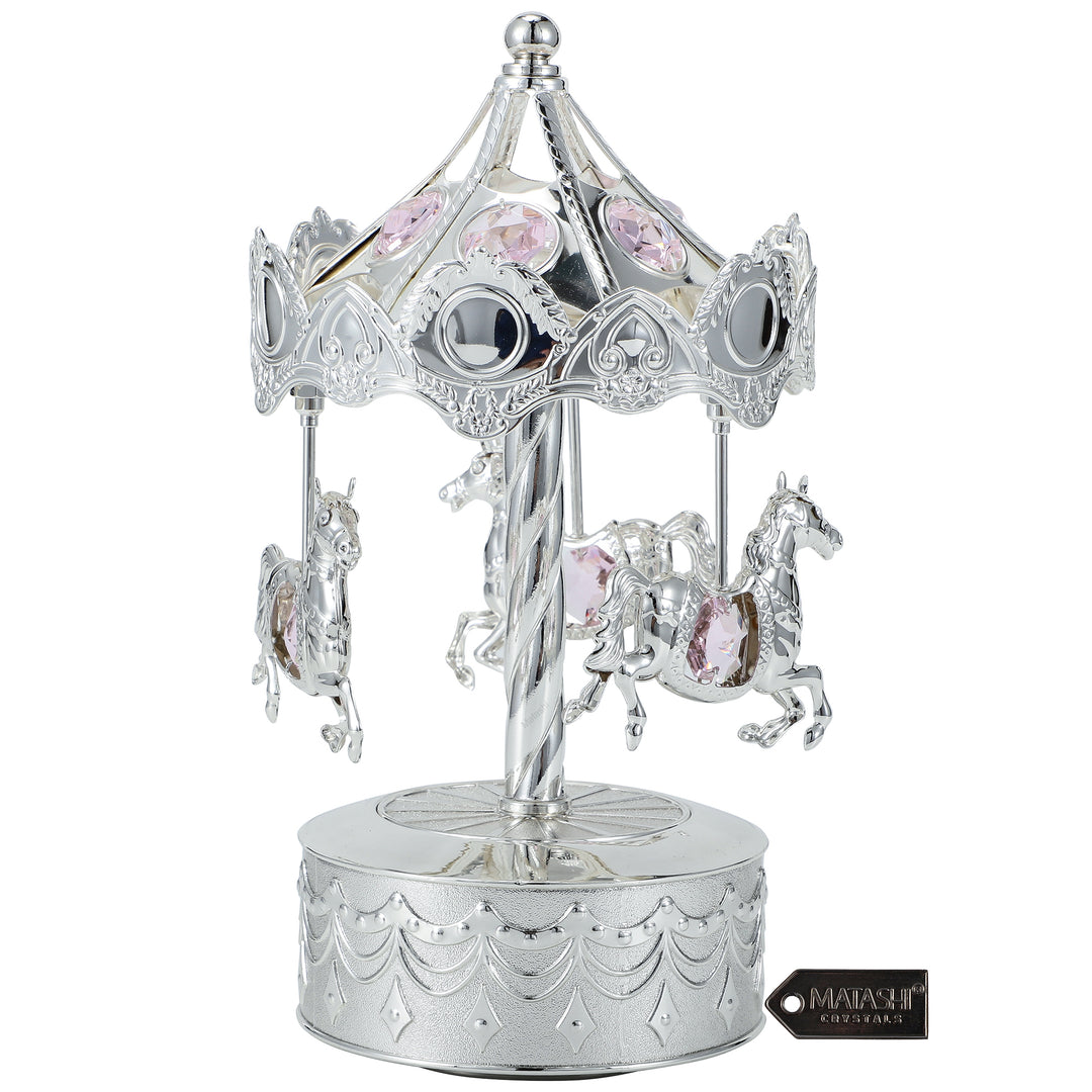 Matashi Silver Plated Music Box with Crystal Studded Silver Carousel with Horses Figurine Image 3