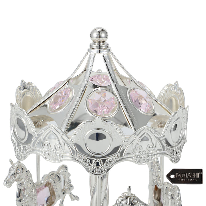 Matashi Silver Plated Music Box with Crystal Studded Silver Carousel with Horses Figurine Image 4