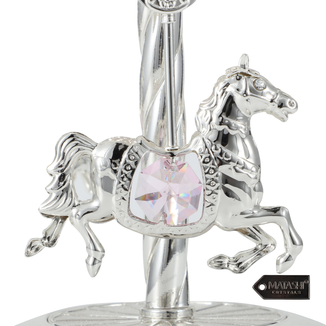 Matashi Silver Plated Music Box with Crystal Studded Silver Carousel with Horses Figurine Image 4