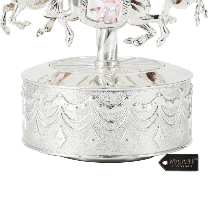 Matashi Silver Plated Music Box with Crystal Studded Silver Carousel with Horses Figurine Image 6