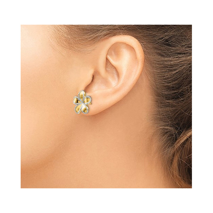 14K Yellow and White Gold Flower Post Earrings Image 3