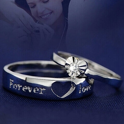 Silver Plated Forever Love Zircon Heart Adjustable Couple Ring Image 3