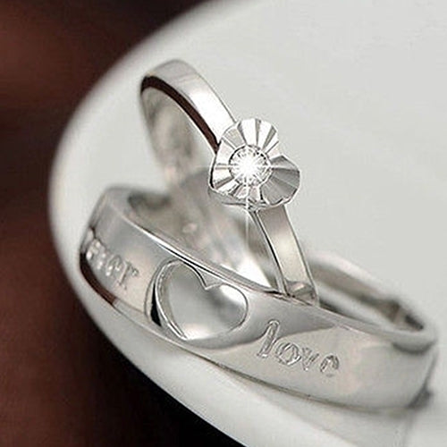 Silver Plated Forever Love Zircon Heart Adjustable Couple Ring Image 4