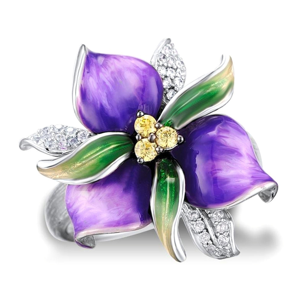 Purple Flower Rhinestone Inlaid Women Finger Ring Wedding Party Jewelry Gift Image 2