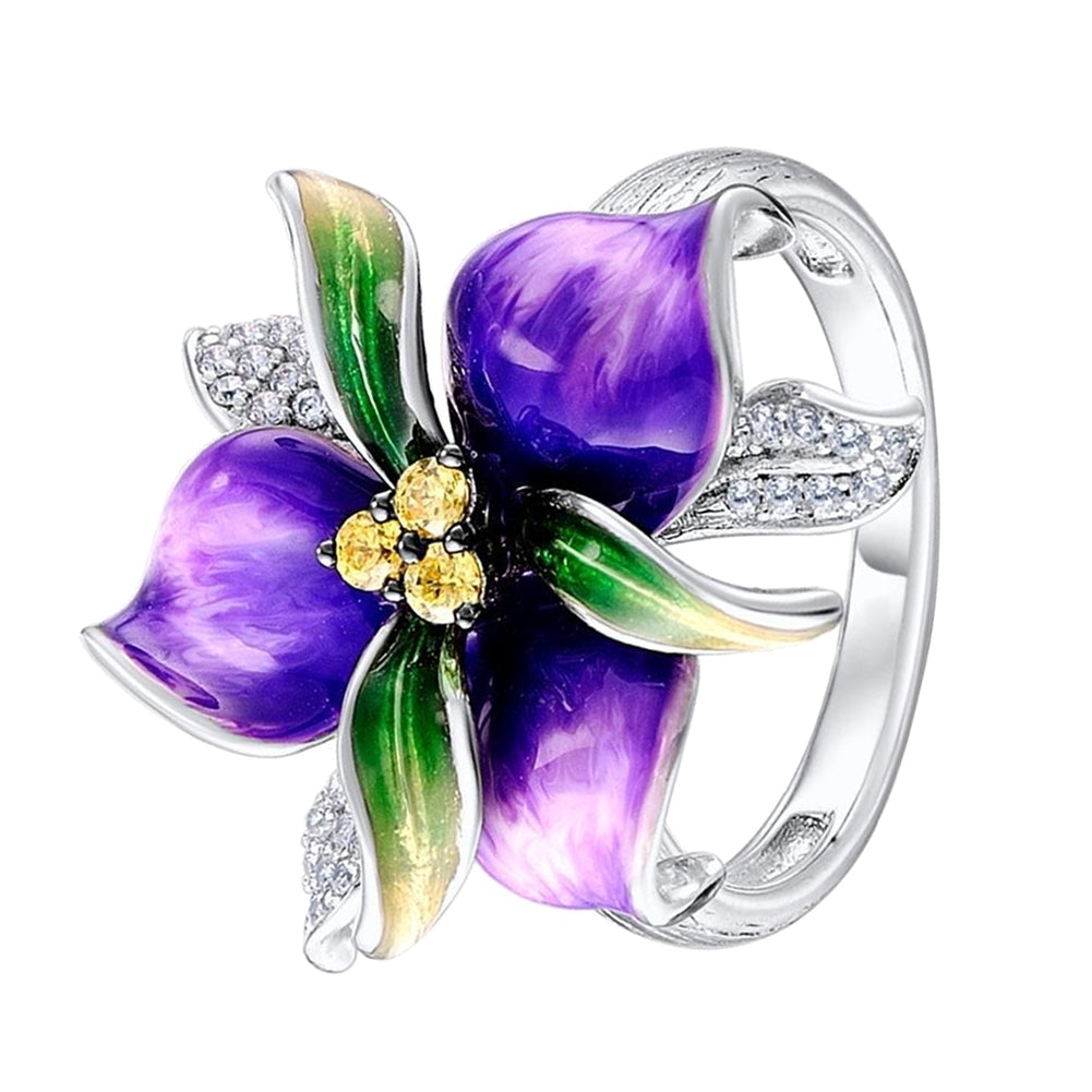 Purple Flower Rhinestone Inlaid Women Finger Ring Wedding Party Jewelry Gift Image 3