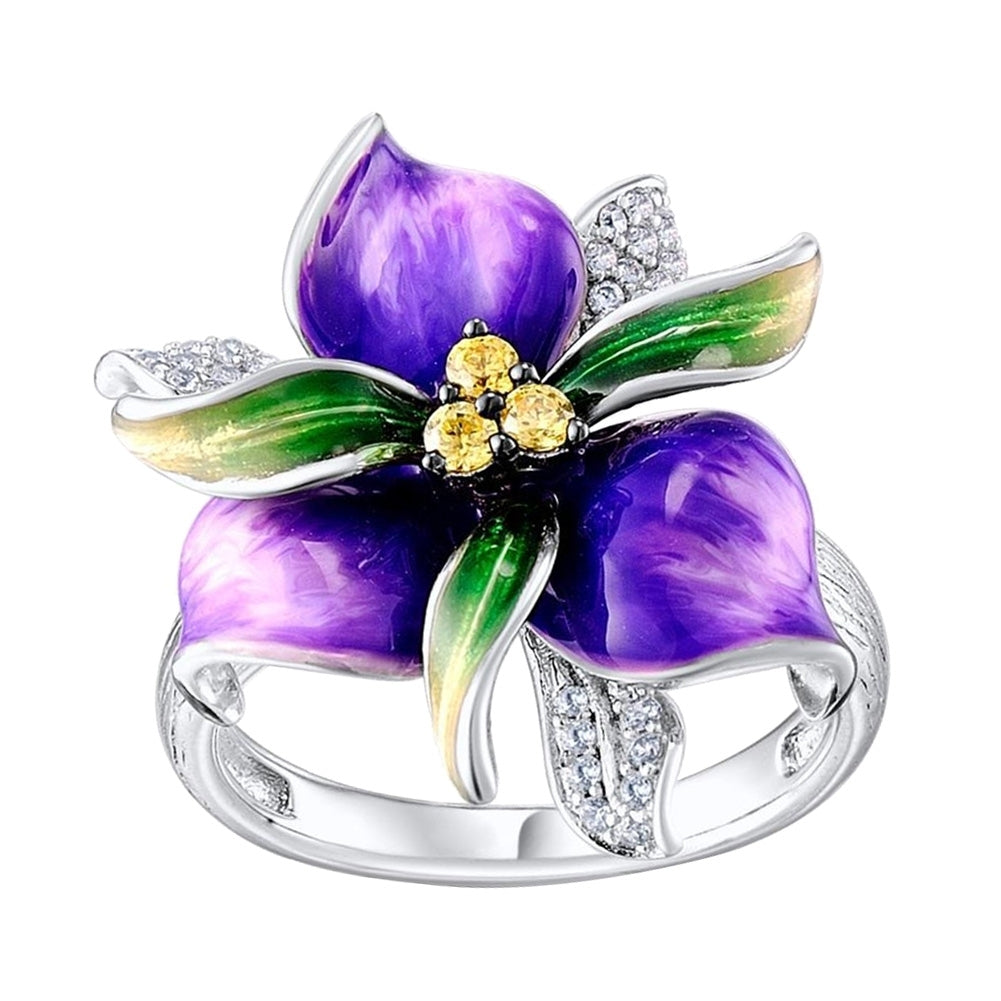 Purple Flower Rhinestone Inlaid Women Finger Ring Wedding Party Jewelry Gift Image 4