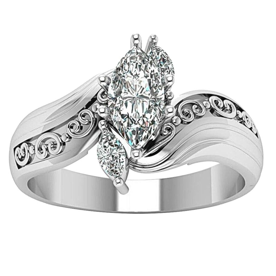 Fashion Marquise Cut Cubic Zirconia Flower Carved Ring Bridal Proposal Jewelry Image 1