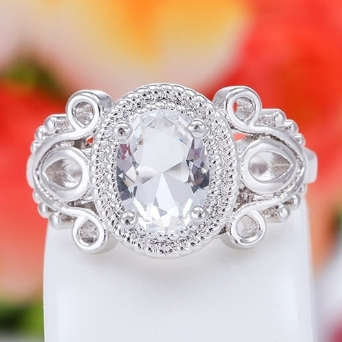 Womens Fashion 18K White Gold Plated Oval Zircon Cutout Finger Ring Jewelry Image 1
