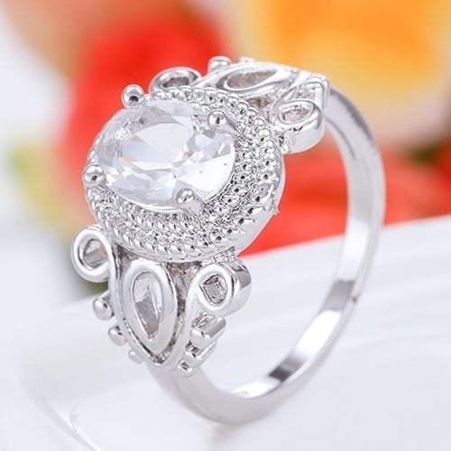 Womens Fashion 18K White Gold Plated Oval Zircon Cutout Finger Ring Jewelry Image 2