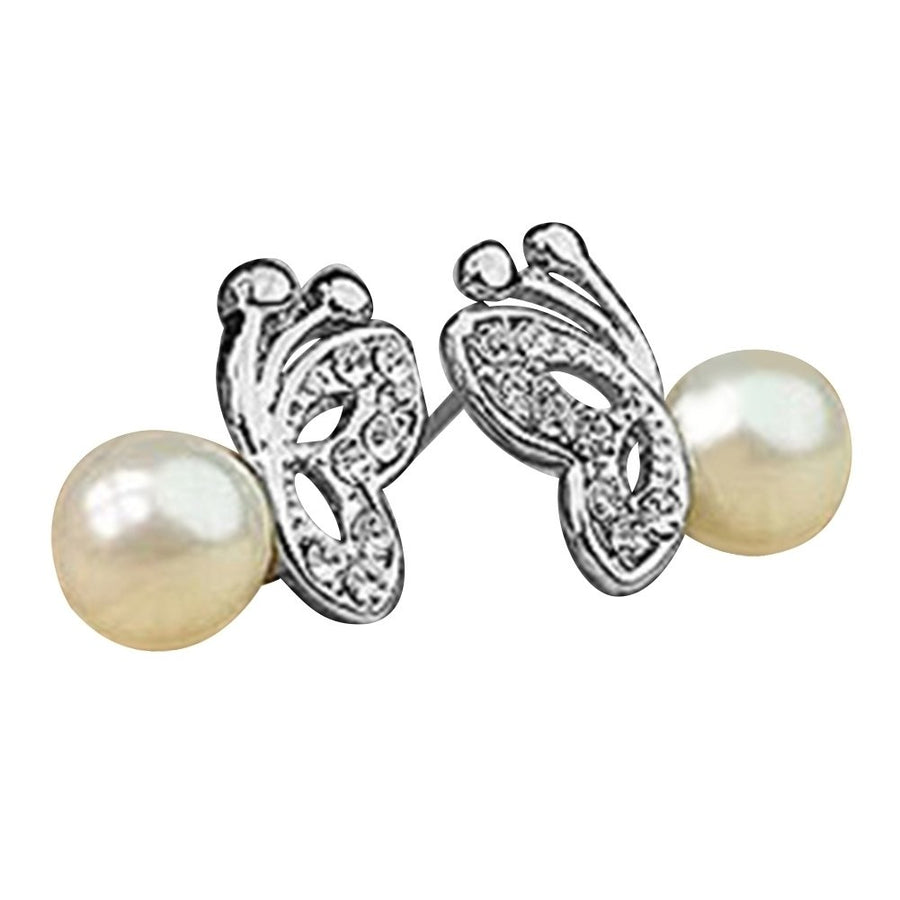 Women Lovely Cute Sweet Rhinestone Butterfly Faux Pearl Earrings Jewelry Image 1