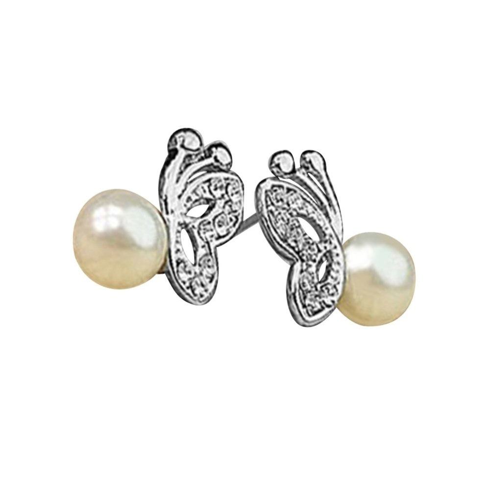 Women Lovely Cute Sweet Rhinestone Butterfly Faux Pearl Earrings Jewelry Image 2