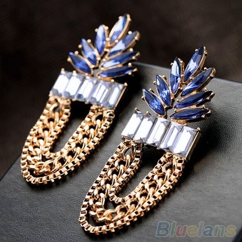 Womens Fashion Rhinestone Round Link Golden Chain Tassels Dangle Earrings Studs Image 1