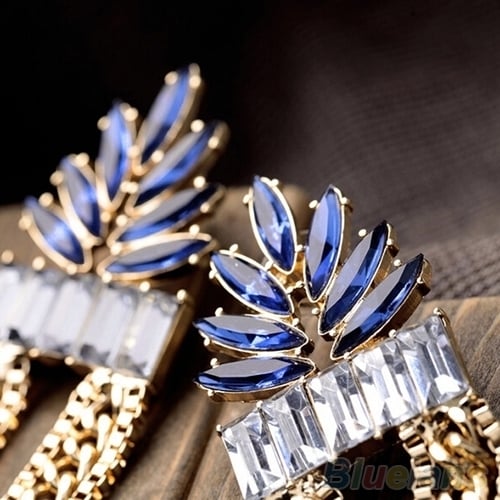 Womens Fashion Rhinestone Round Link Golden Chain Tassels Dangle Earrings Studs Image 2
