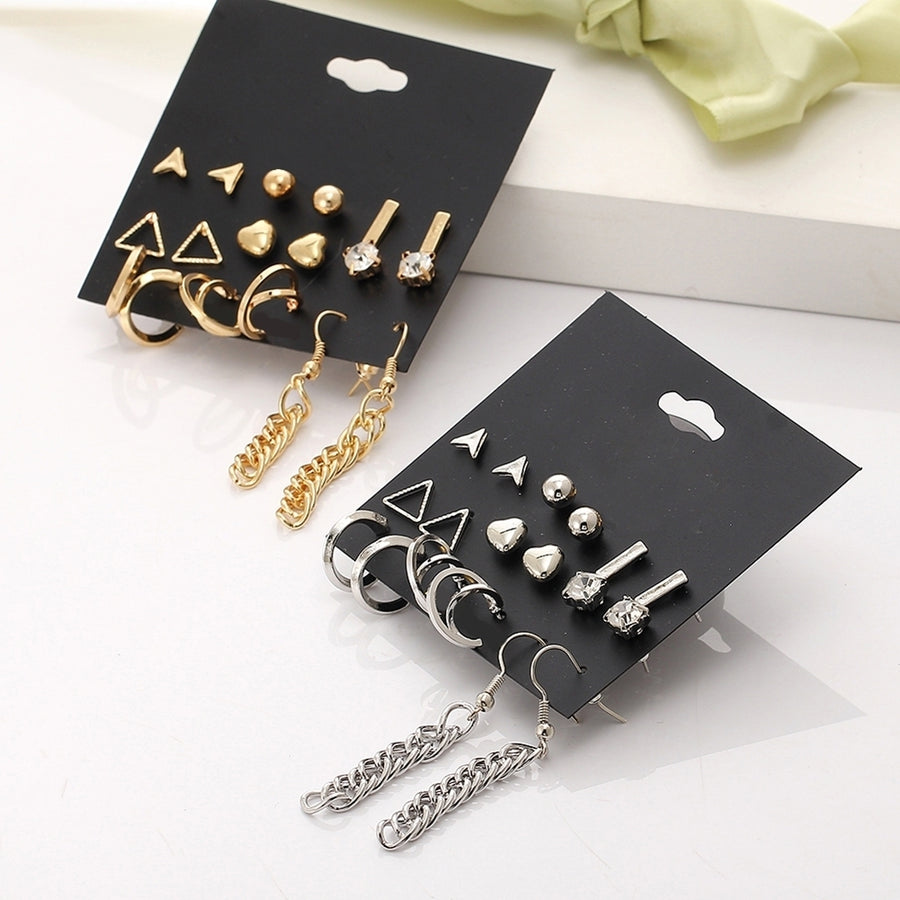 9 Pairs Women Fashion Rhinestone Heart Triangle Shape Ear Stud Hook Earrings Image 1