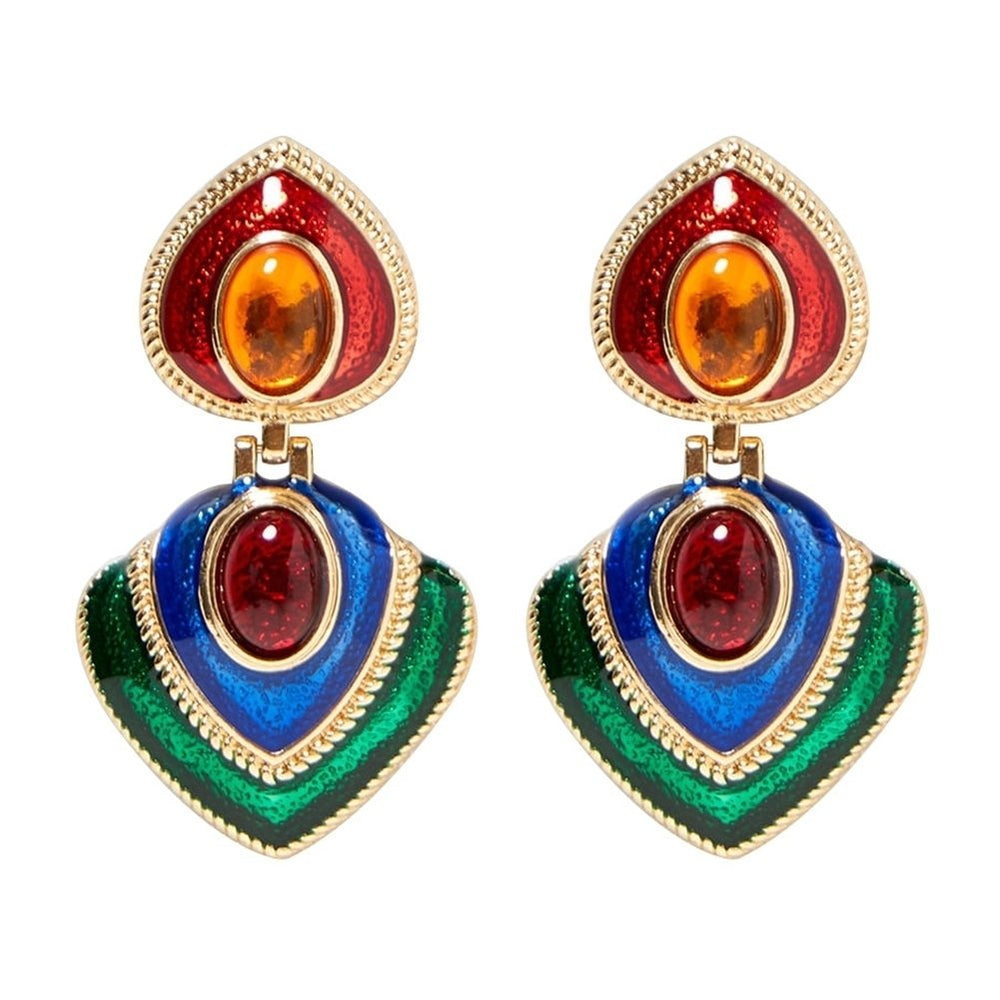 Women Faux Gem Inlaid Enamel Heart Dangle Multicolor Stud Earrings Jewelry Gift Image 2