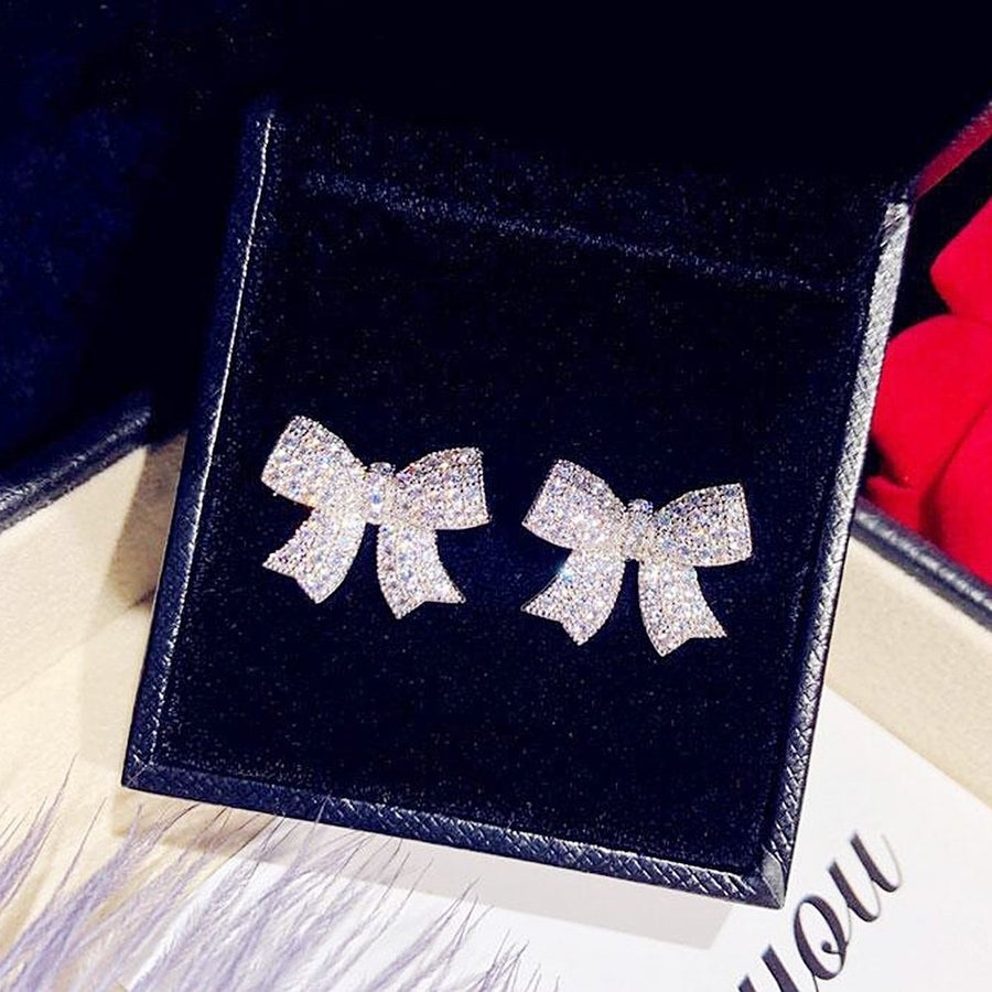 Fashion Women Full Cubic Zirconia Bow Ear Stud Earrings Jewelry Birthday Gift Image 1