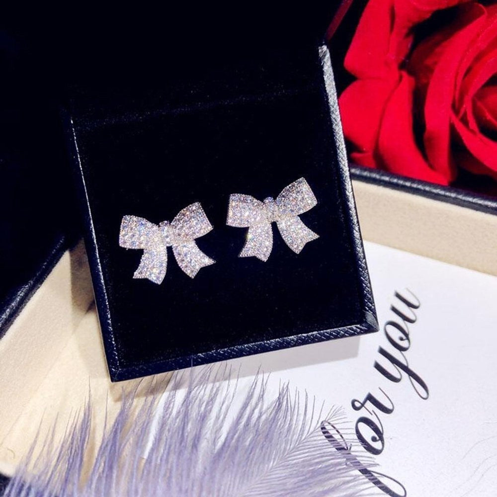 Fashion Women Full Cubic Zirconia Bow Ear Stud Earrings Jewelry Birthday Gift Image 2