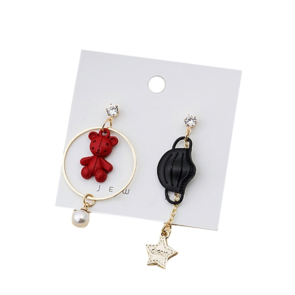 Women Cartoon Bear Star Faux Pearl Asymmetric Dangle Stud Earrings Jewelry Gift Image 2