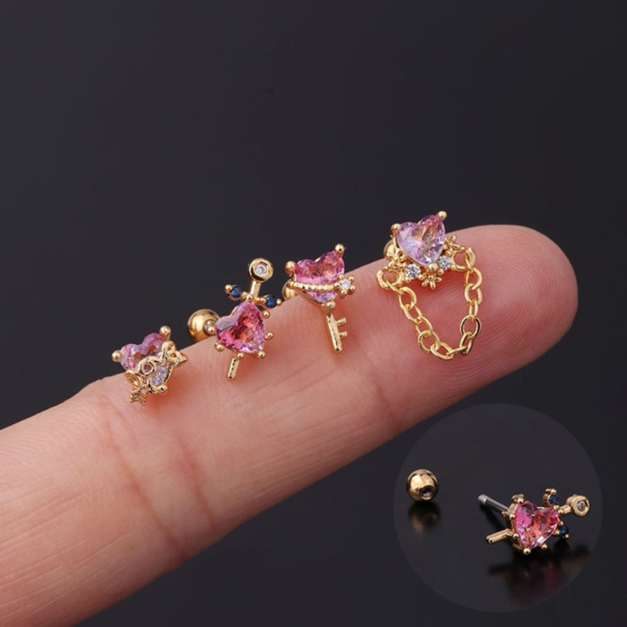 1Pc Mini Shining Beautiful Women Earring Heart Rhinestone Chain Ear Stud Jewelry Accessory Image 1