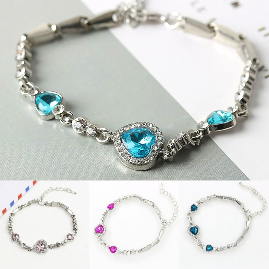 Women Heart Shape Blue Rhinestone Alloy Adjustable Elegant Chain Bracelet for Party Image 1