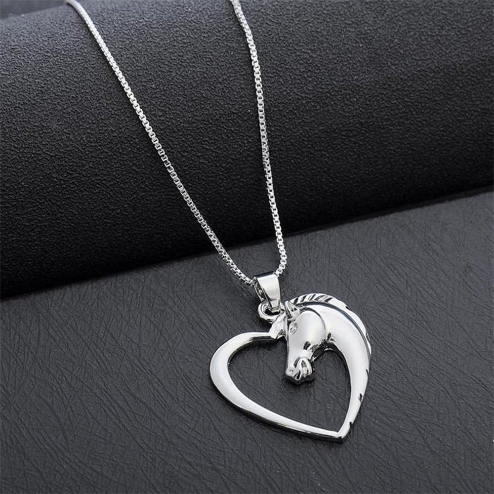 Women Hollow Out Heart Horse Head Shaped Pendant Chain Necklace Jewelry Gift Image 2