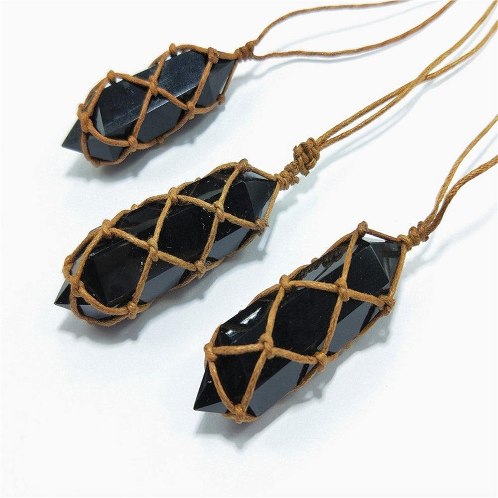 Retro Handmade Weave Rope Faux Obsidian Stone Hexagonal Pendant Necklace Jewelry Image 2