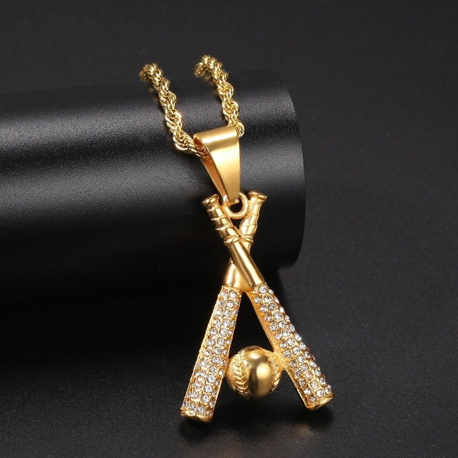 Men Fashion Hip Hop Baseball Bat Pendant Rhinestone Inlaid Necklace Jewelry Image 1
