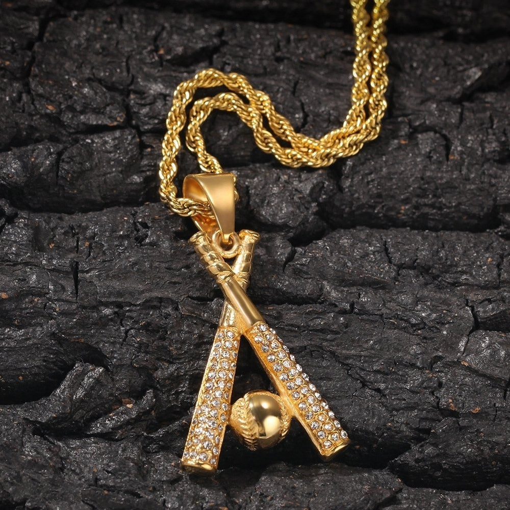 Men Fashion Hip Hop Baseball Bat Pendant Rhinestone Inlaid Necklace Jewelry Image 2