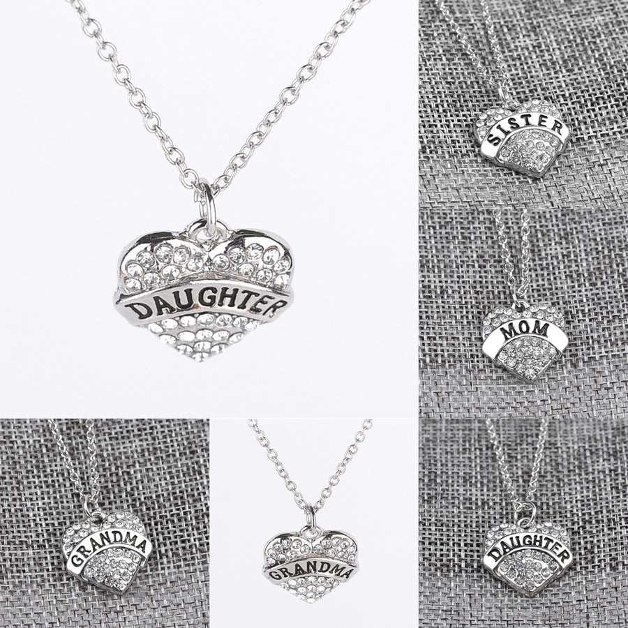 Women Necklace Chain Heart Shape Alloy Rhinestone Mother Daughter Pendant for Gift Image 1