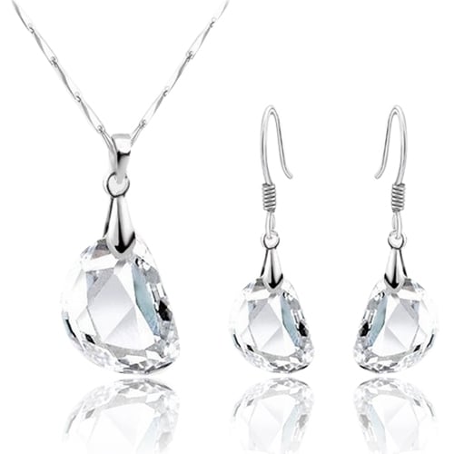 Womens Pea Shaped Rhinestone White Gold Plated Necklace Earrings Jewelry Set Image 1
