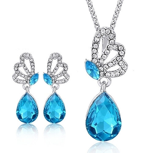 Womens Butterfly Rhinestone Crystal Pendant Necklace Drop Earrings Jewelry Set Image 1