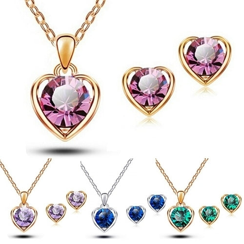Womens Fashion Jewelry Heart Crystal Pendant Necklace Ear Studs Earrings Set Image 1