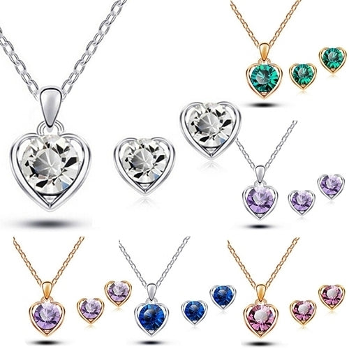 Womens Fashion Jewelry Heart Crystal Pendant Necklace Ear Studs Earrings Set Image 2