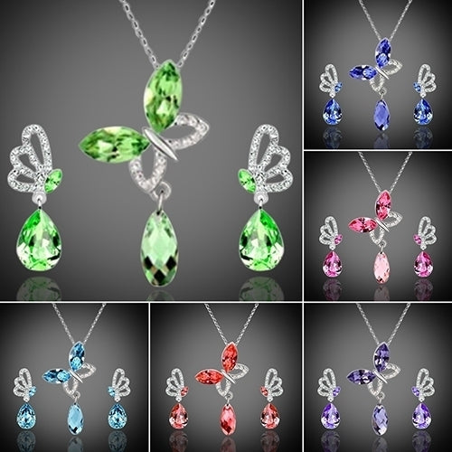 Women Cocktail Crystal Butterfly Cubic Zirconia Necklace Stud Earrings Jewelry Set Image 1