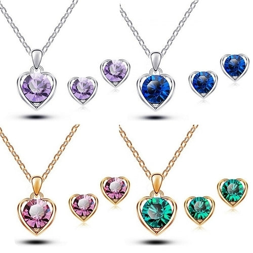 Womens Fashion Jewelry Heart Crystal Pendant Necklace Ear Studs Earrings Set Image 3