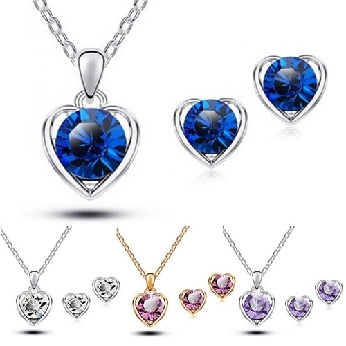 Womens Fashion Jewelry Heart Crystal Pendant Necklace Ear Studs Earrings Set Image 4