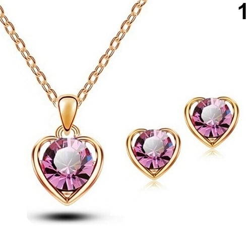 Womens Fashion Jewelry Heart Crystal Pendant Necklace Ear Studs Earrings Set Image 4