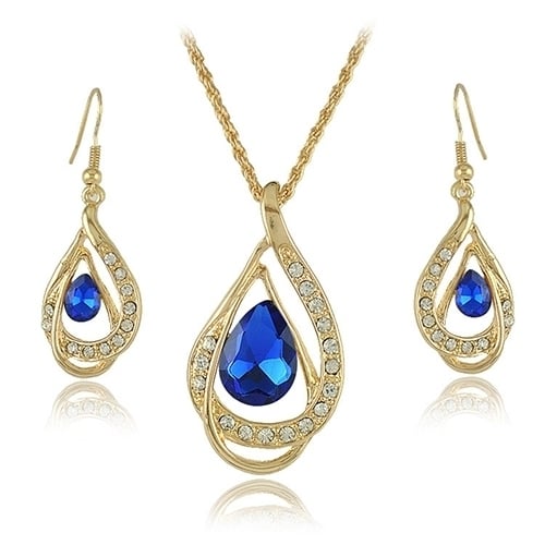 Banquet Party Jewelry Set Waterdrop Crystal Stone Earrings Pendant Necklace Golden Chain Image 1