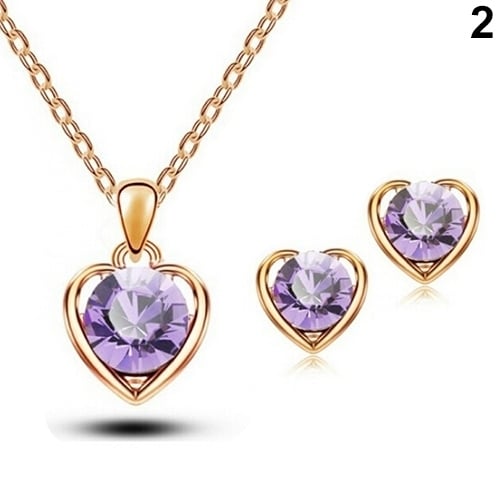 Womens Fashion Jewelry Heart Crystal Pendant Necklace Ear Studs Earrings Set Image 6