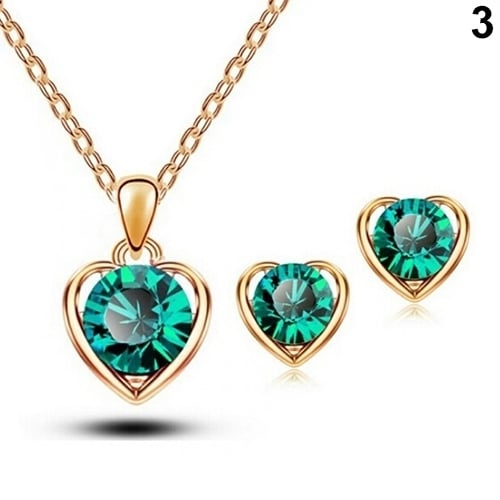 Womens Fashion Jewelry Heart Crystal Pendant Necklace Ear Studs Earrings Set Image 7
