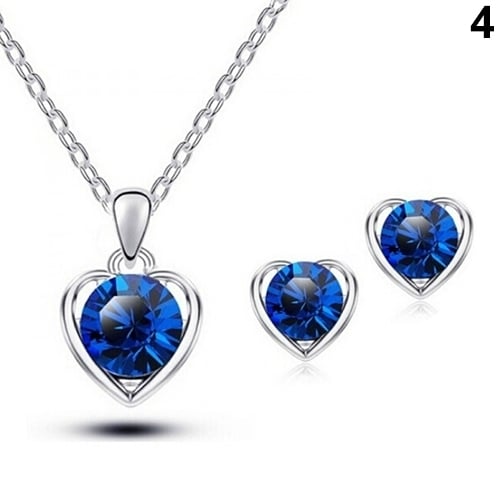 Womens Fashion Jewelry Heart Crystal Pendant Necklace Ear Studs Earrings Set Image 8