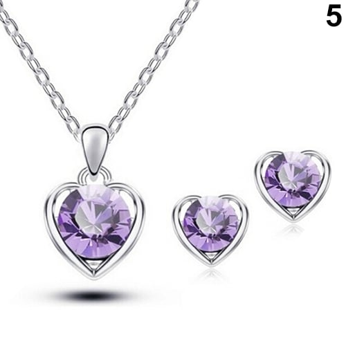 Womens Fashion Jewelry Heart Crystal Pendant Necklace Ear Studs Earrings Set Image 9