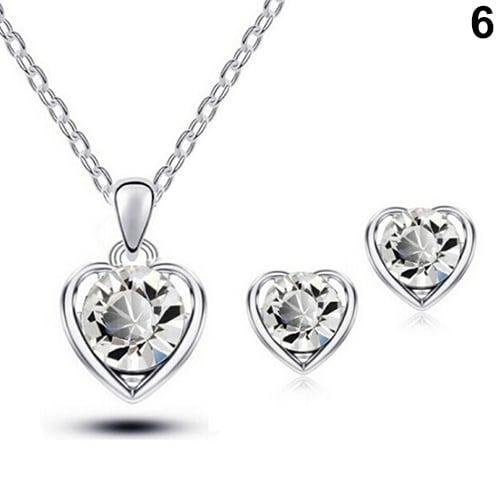 Womens Fashion Jewelry Heart Crystal Pendant Necklace Ear Studs Earrings Set Image 1