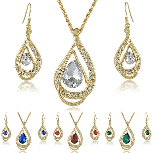 Banquet Party Jewelry Set Waterdrop Crystal Stone Earrings Pendant Necklace Golden Chain Image 8