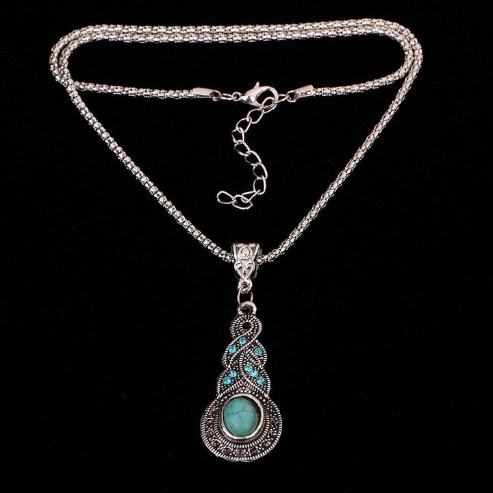 Womens Unique Retro Turquoise Pendant Rhinestone Earrings Necklace Jewelry Set Image 9