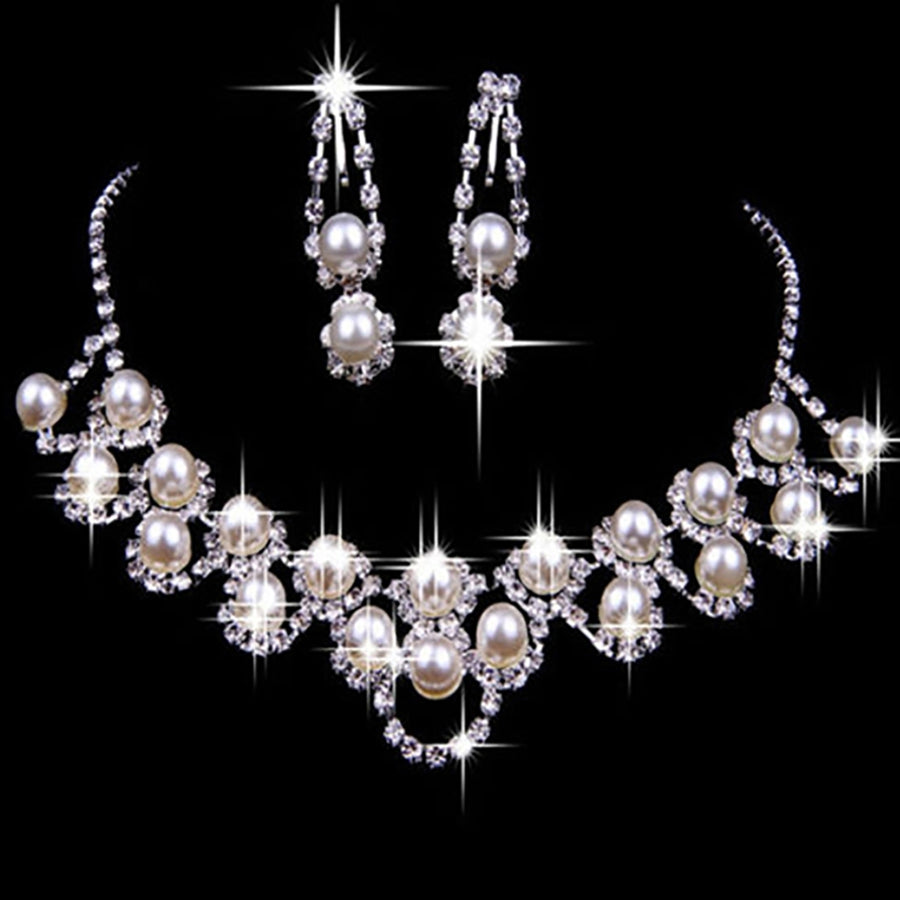 3Pcs Engagement Jewelry Set Faux Pearls Decor  Shiny Women Necklace Earrings Jewelry Set for Wedding Image 1