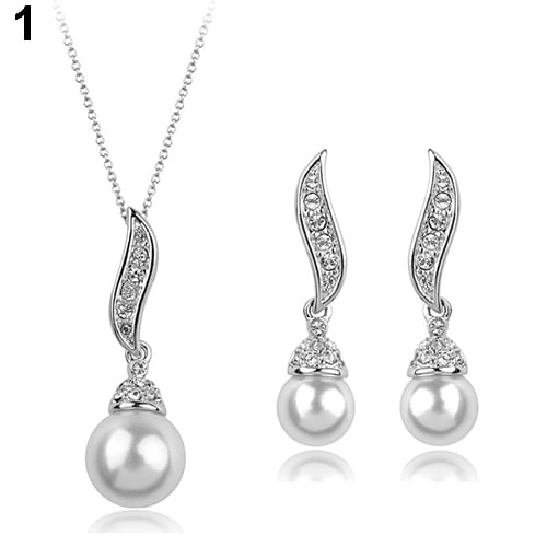 Fashion Womens Rhinestone Faux Big Pearl Drop Earrings Necklace Jewelry Sets Image 2