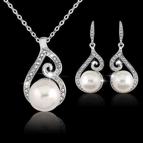 Party Women Rhinestone Big Faux Pearl Necklace Hook Earrings Set Fashion Jewelry Image 1