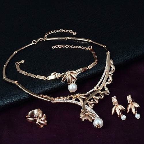 Wedding Party Leaf Faux Pearl Pendant Choker Necklace Ring Earrings Bracelet Set Image 3